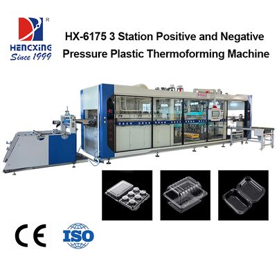 Buen precio Equipo de termoformado de plástico industrial de varias estaciones Máquina de embalaje de vacío a presión de aire de precisión personalizada para fabricantes globales de envases en línea